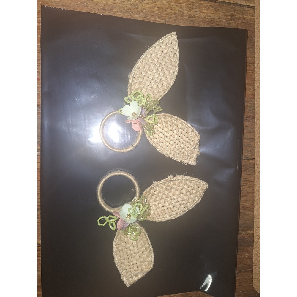 Set of 2 Nicole Miller Bunny Ear Easter Floral Beaded Napkin Rings